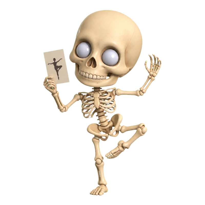 The Art Anatomy skeleton mascot holding a pose reference card
